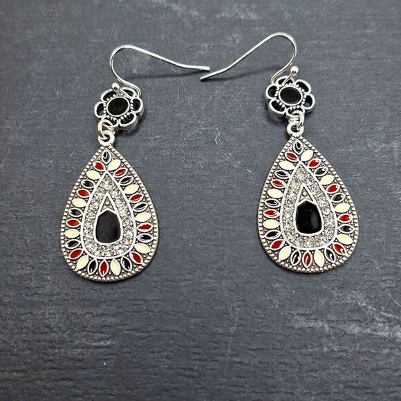 Silver tear drop earrings Bohemian Rhinestone black enamel - Picture 1 of 3